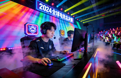 大型电竞赛事现场专业选手电竞设备与流光溢彩舞台